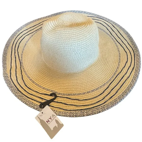Women's Tan Wide Brim Sun Hat With Blue Trim - Picture 7 of 11